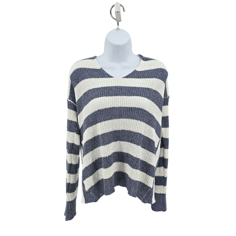 Mystree Blue/White Knit Open Back Sweater Knotted Back WMNS M V-neck Long Sleeve